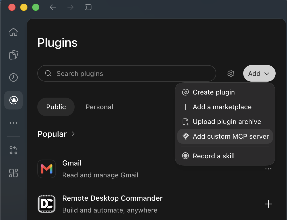 1 Plugins → 2 Add → 3 Add custom MCP server. Select the image to enlarge.