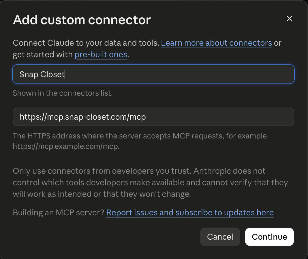 1 Name → 2 Server URL → 3 Continue. Select the image to view the original.