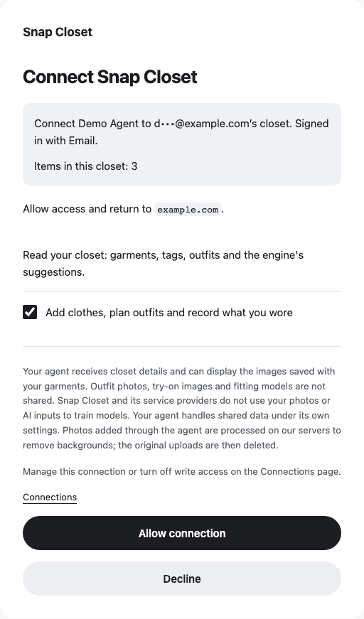 Snap Closet’s permission screen, rendered with a demo account. Check the account, choose whether to allow writing, then allow the connection.