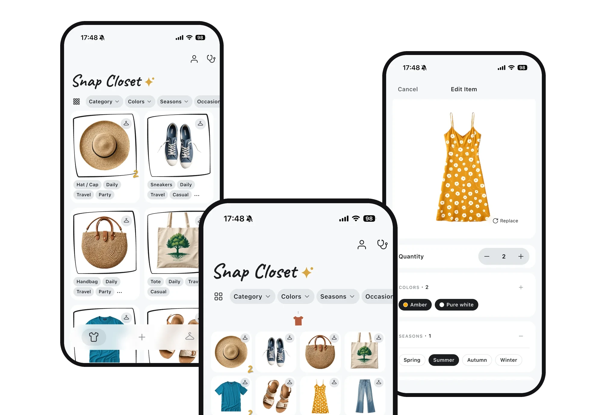 Snap Closet app screens: closet grid and item editor