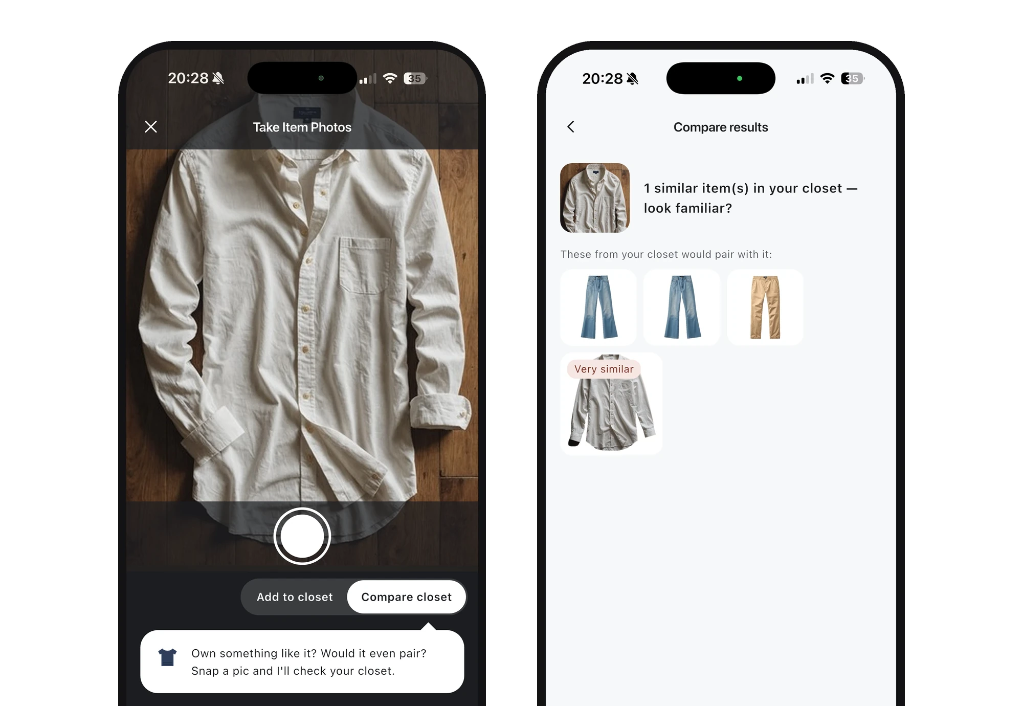Snap Closet app screens: camera viewfinder and similar items found