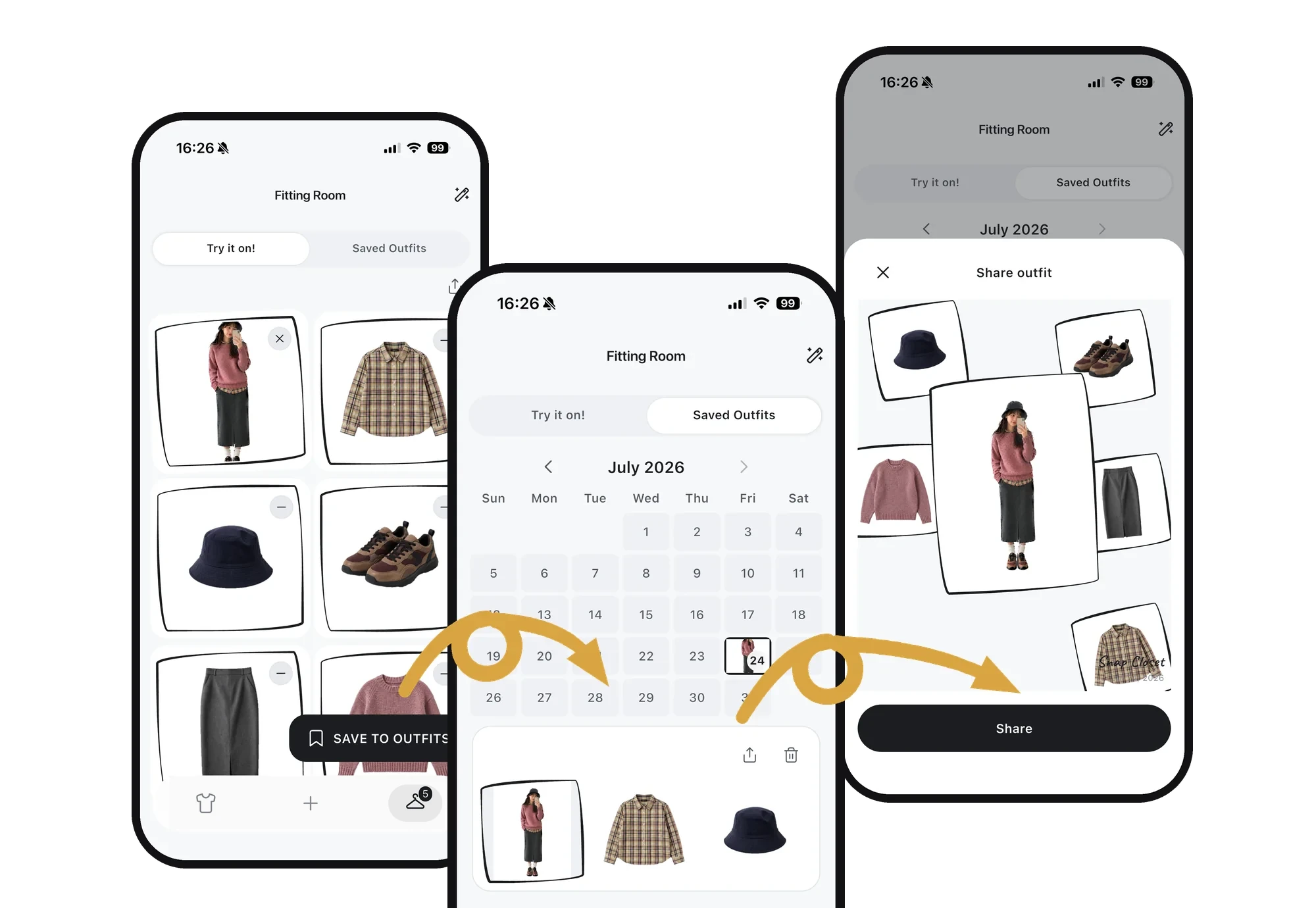Snap Closet app screens: try-on, outfit calendar and sharing