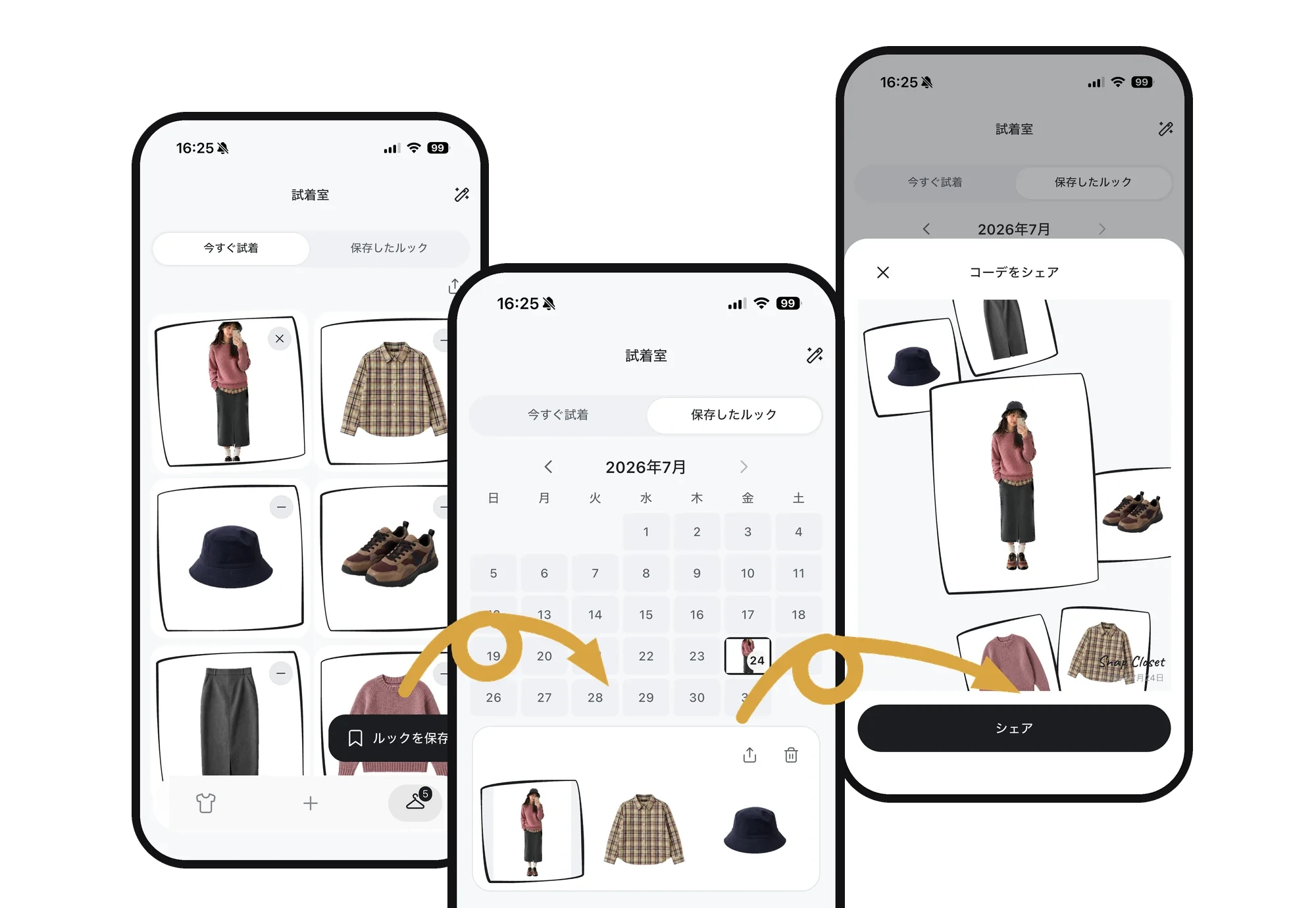 Snap Closet app screens: try-on, outfit calendar and sharing