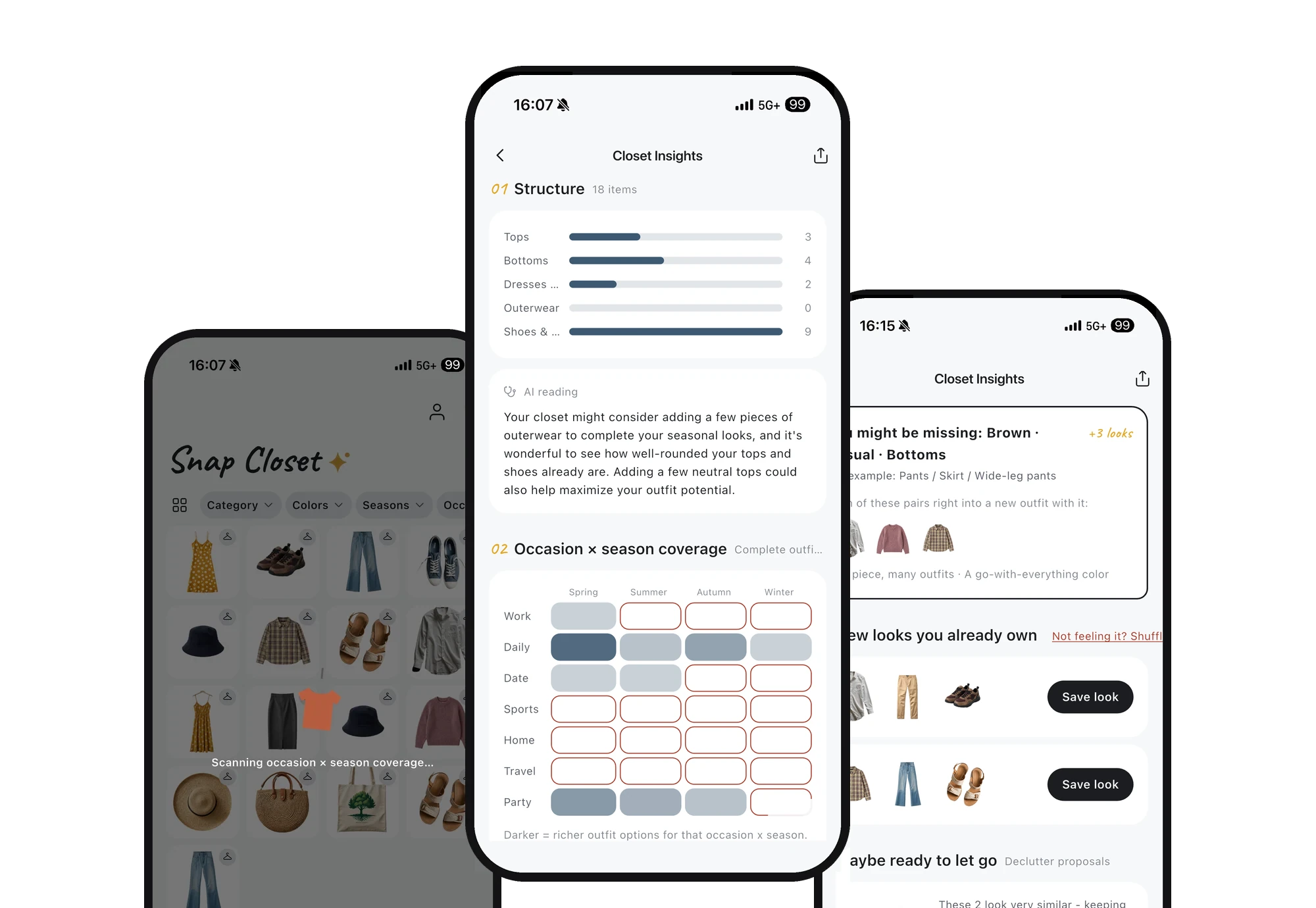 Snap Closet app screens: closet checkup report with coverage map and declutter proposals