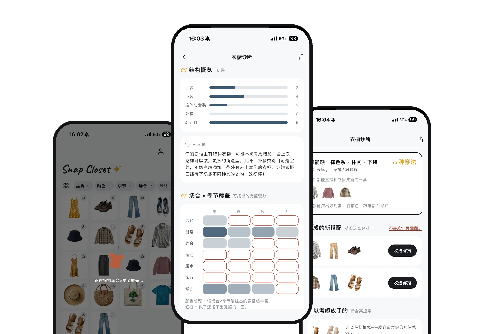 Snap Closet app screens: closet checkup report with coverage map and declutter proposals